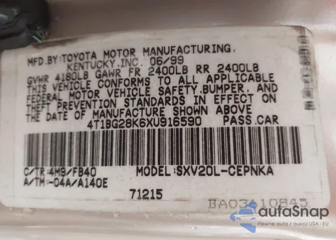 1999 Toyota Camry Le из США, поврежденный, VIN 4T1BG28K6XU916590